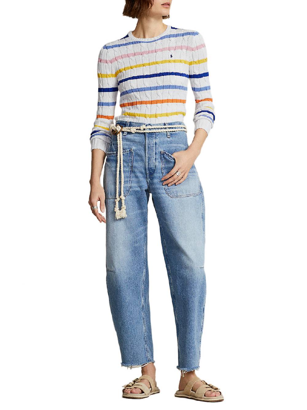 POLO RALPH LAUREN Pullover Donna Treccia a Righe Nuovo