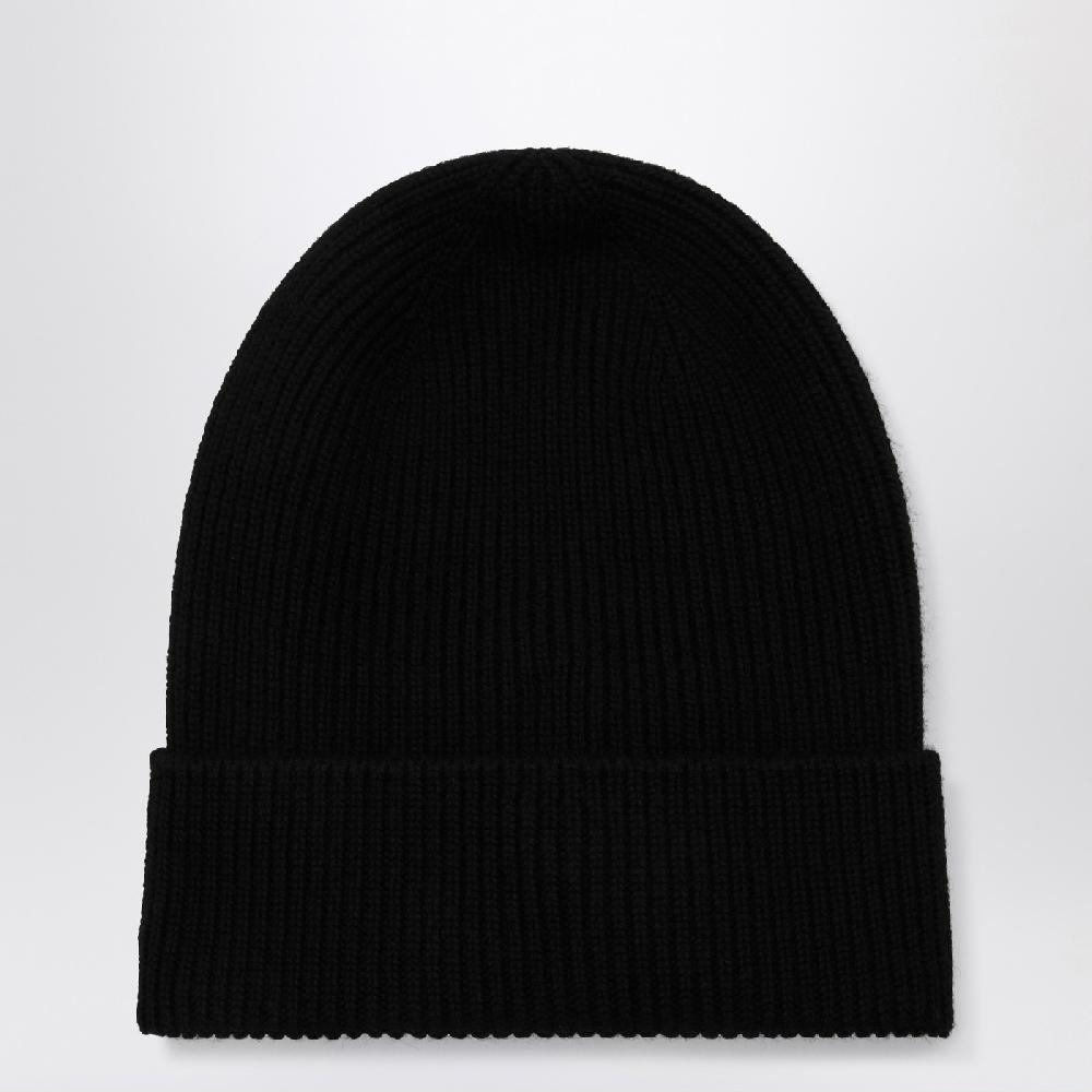 Moncler Cuffia nera in lana con patch logo Qualità Garantita