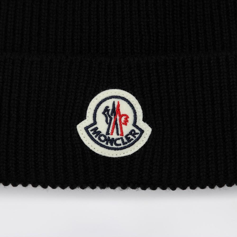 Moncler Cuffia nera in lana con patch logo Qualità Garantita