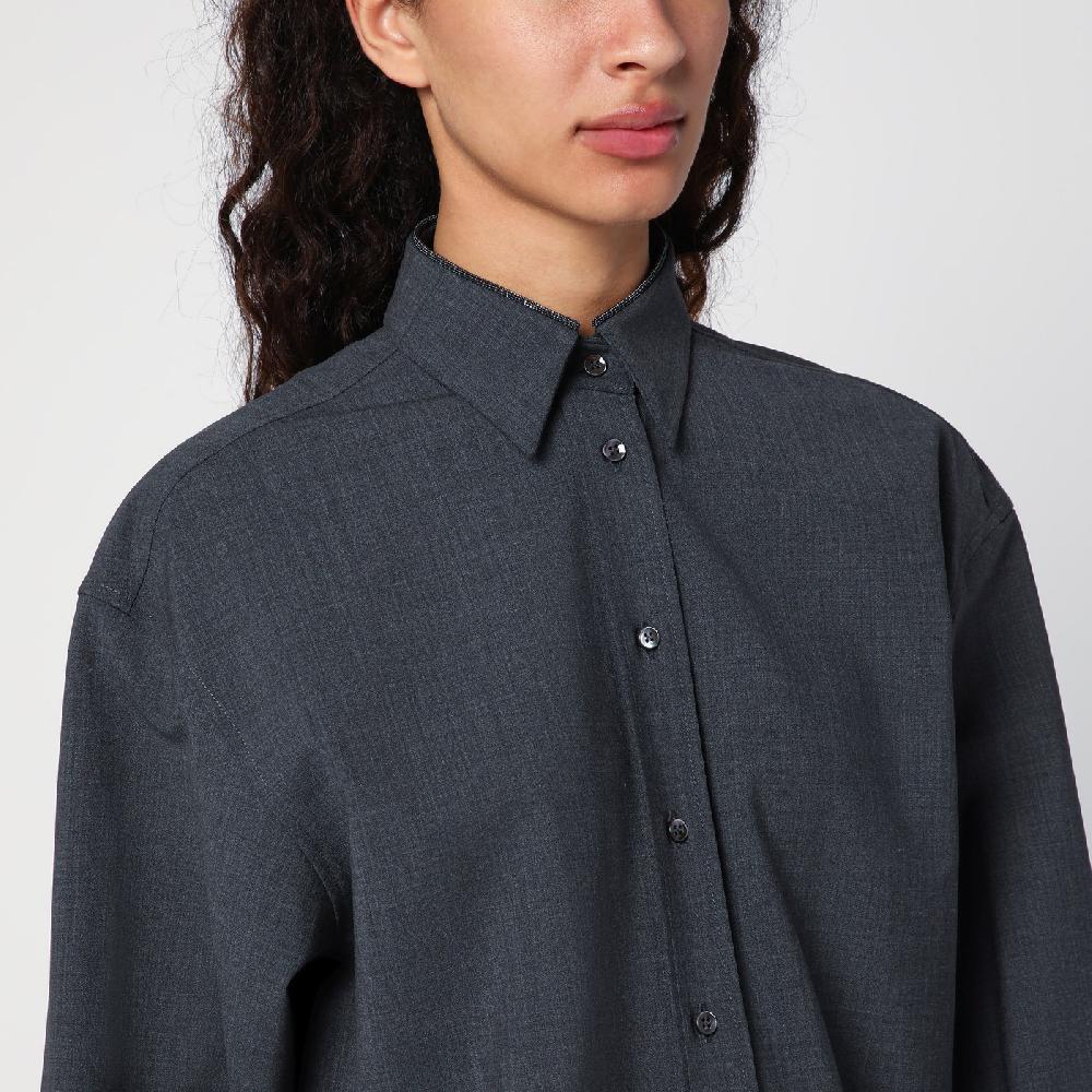 Brunello Cucinelli Camicia grigia scura con Shiny Collar Detail Pezzi Unici
