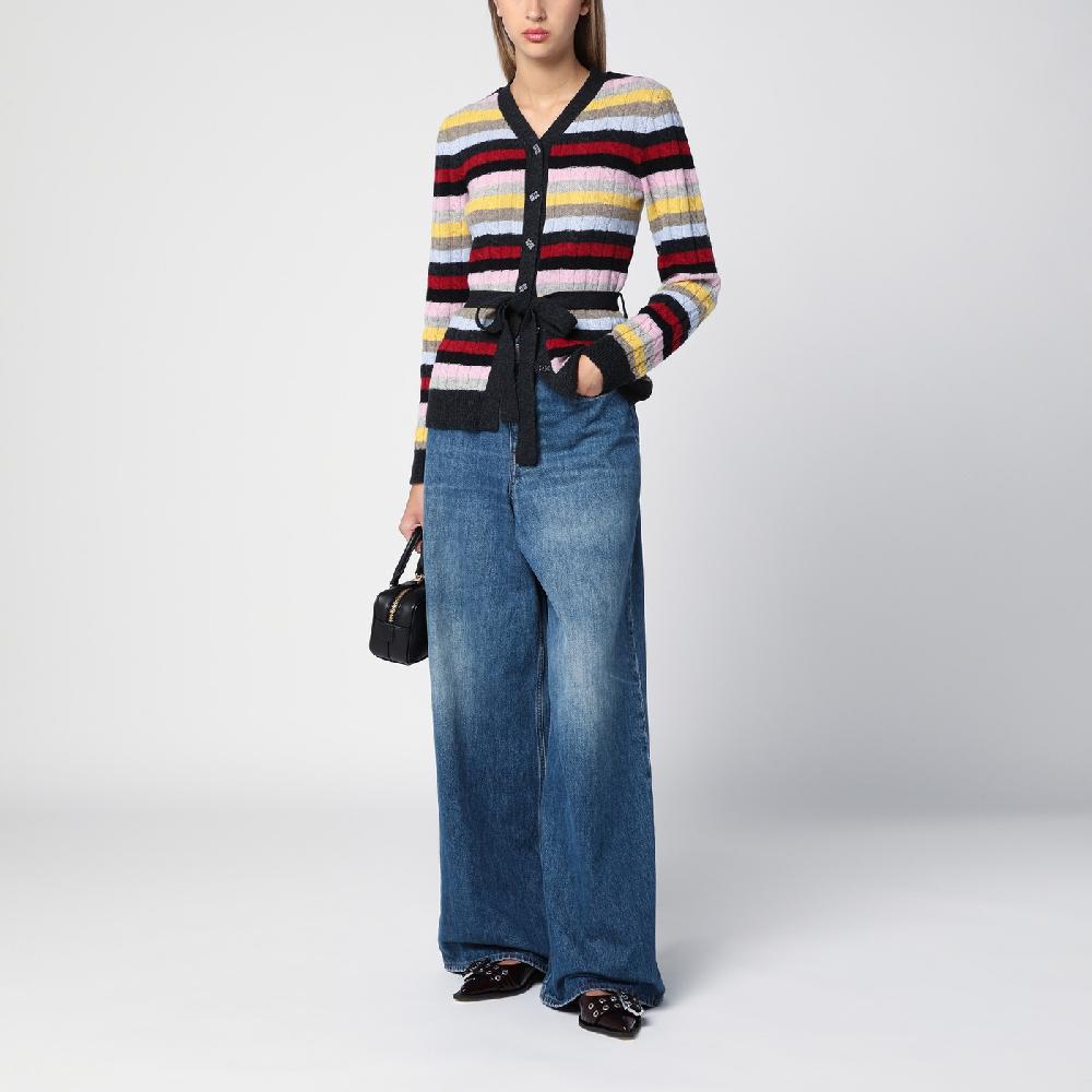 Ganni Cardigan a righe multicolore con cintura Convenienza