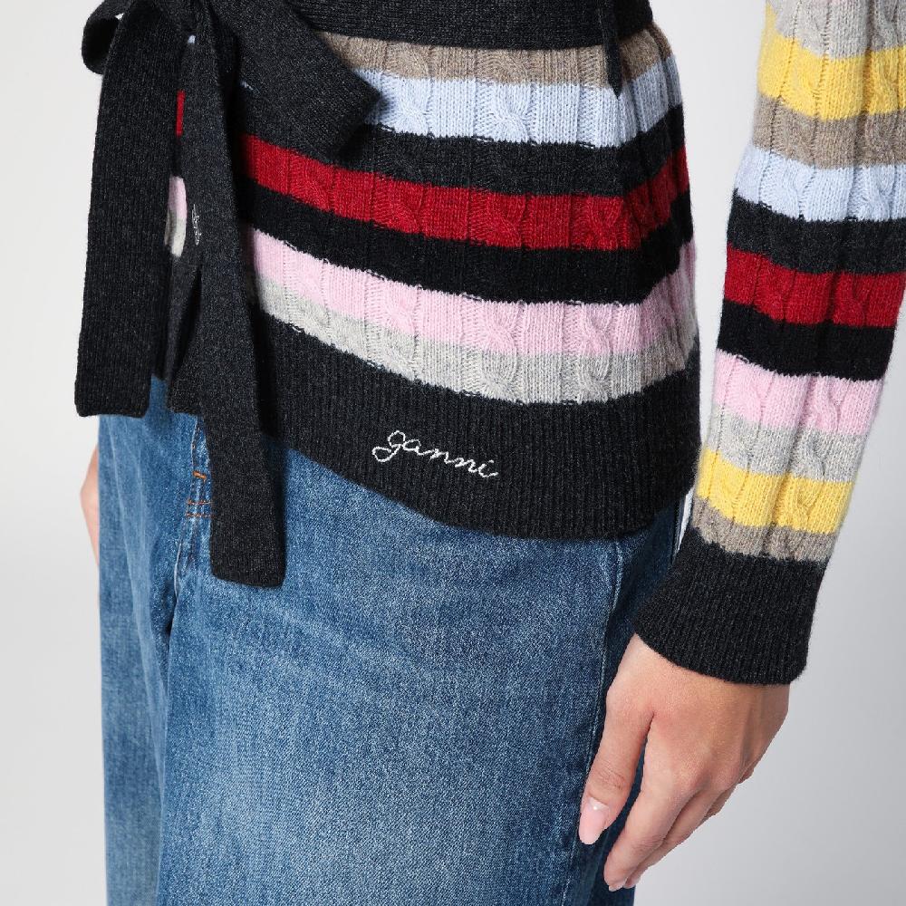 Ganni Cardigan a righe multicolore con cintura Convenienza