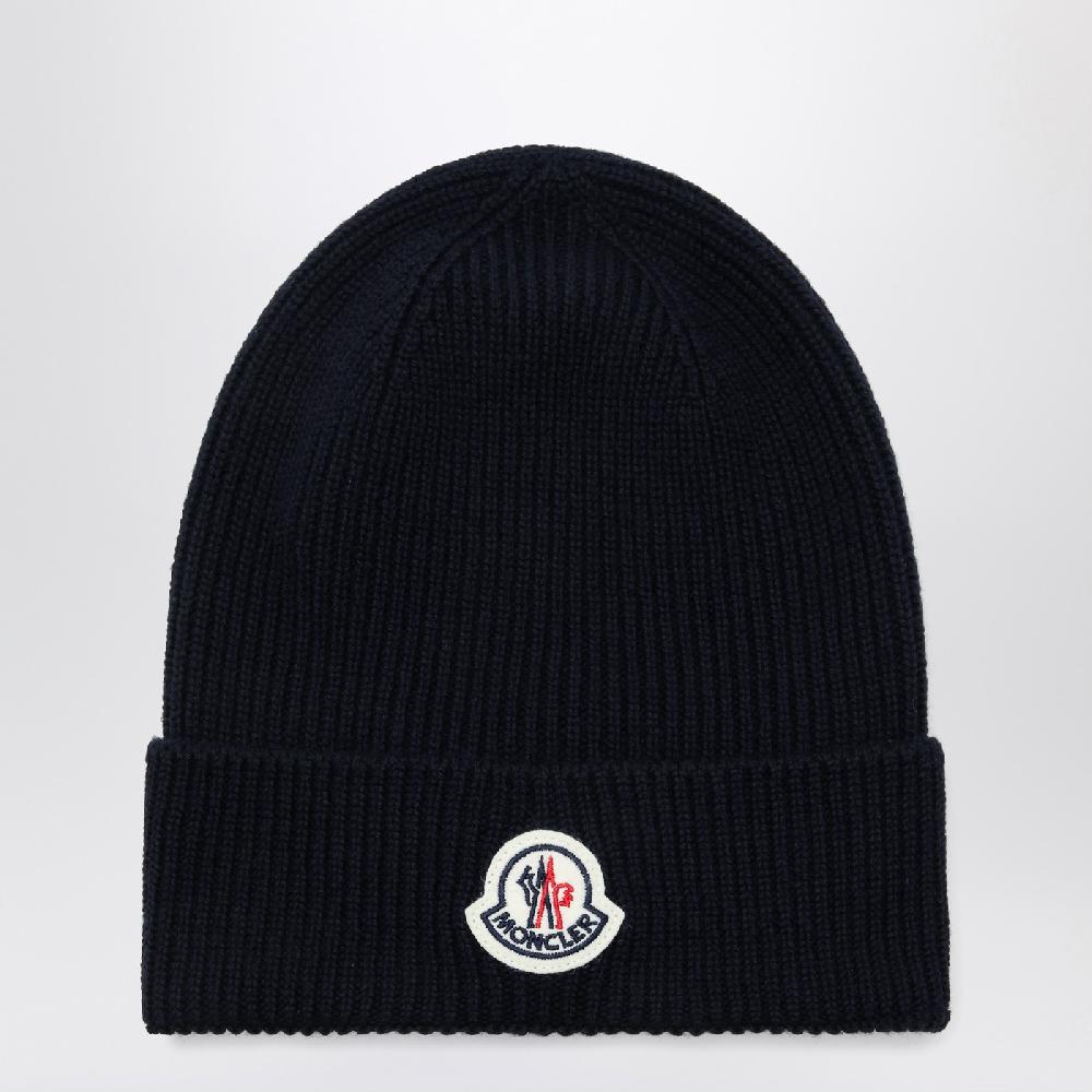 Moncler Cuffia blu in lana con patch logo Sottocosto
