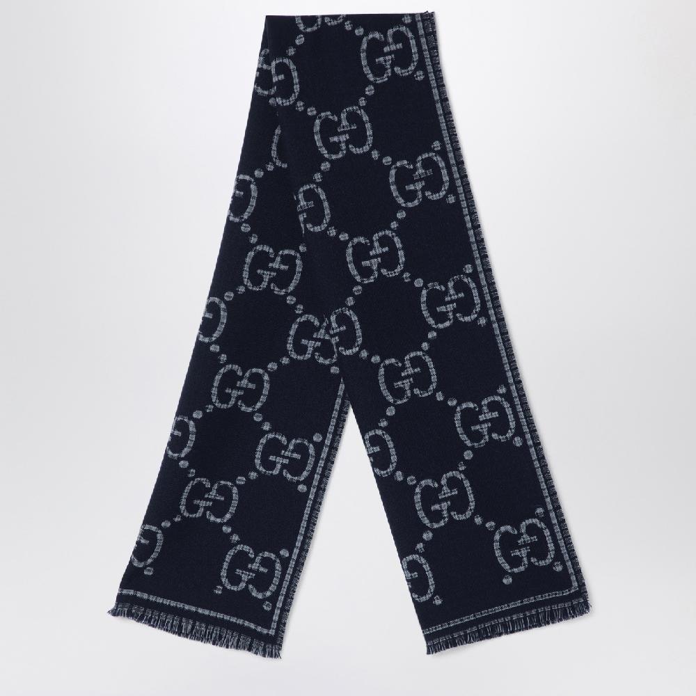 GUCCI Sciarpa in lana GG a quadri grigia/blu Vendita Calda