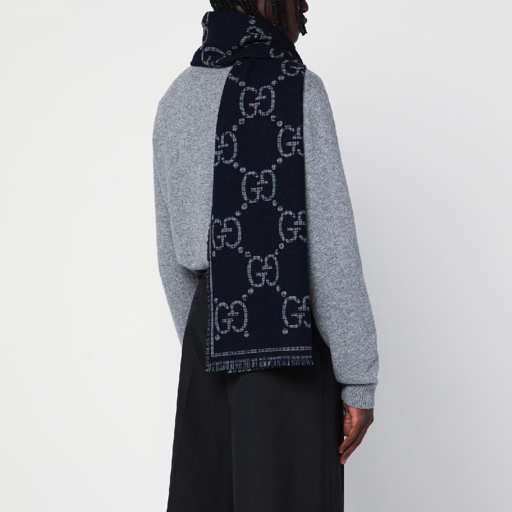 GUCCI Sciarpa in lana GG a quadri grigia/blu Vendita Calda