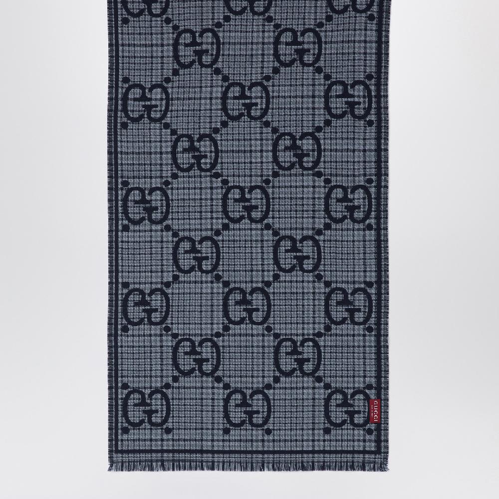 GUCCI Sciarpa in lana GG a quadri grigia/blu Vendita Calda