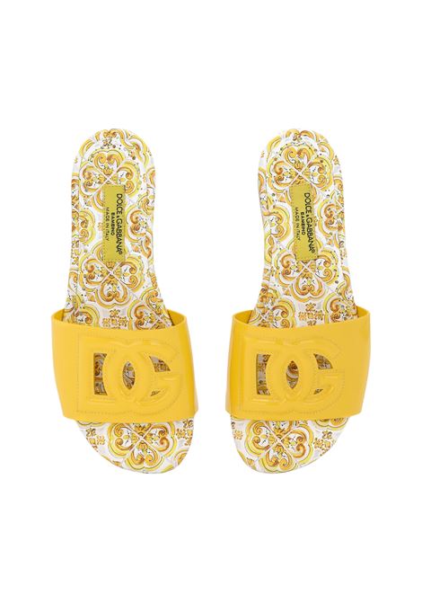 DOLCE & GABBANA KIDS Slide In Pelle Gialla Con Logo DG e Stampa Maiolica - DOLCE & GABBANA KIDS Pezzi Unici
