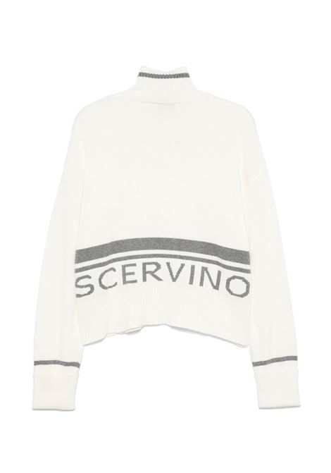 ERMANNO SCERVINO JUNIOR Maglione a Collo Alto Bianco Con Logo e Righe In Grigio - ERMANNO SCERVINO JUNIOR Italia