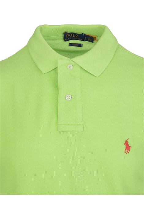 RALPH LAUREN Polo in Piquet Slim-Fit Verde Chiaro e Rossa - RALPH LAUREN Offerta