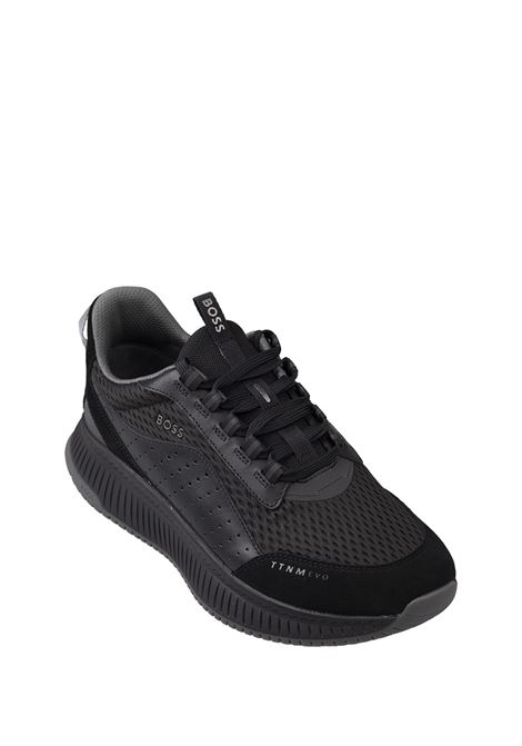BOSS TTNM EVO Sneakers Nere In Pelle Liscia e Scamosciata e Mesh Con Suola a Spina Di Pesce - BOSS Offerte giornaliere