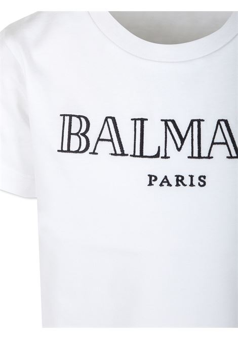 BALMAIN KIDS T-Shirt Bianca con Logo Stile Romano Ricamato - BALMAIN KIDS Offerta migliore