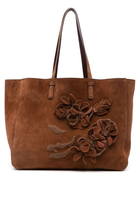 ERMANNO SCERVINO Shopping Bag In Camoscio Marrone Con Fiori Applicati - ERMANNO SCERVINO Enormi risparmi