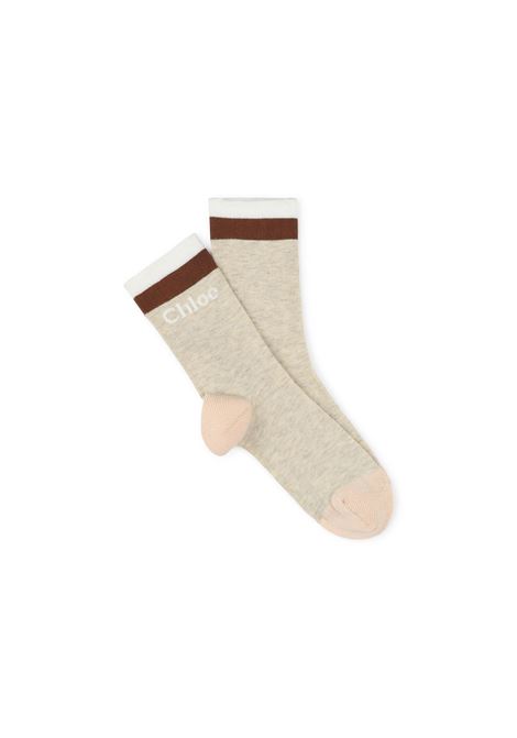 CHLOÉ KIDS Calzini Beige Marl Con Logo e Righe Bicolori - CHLOÉ KIDS Promozione temporanea
