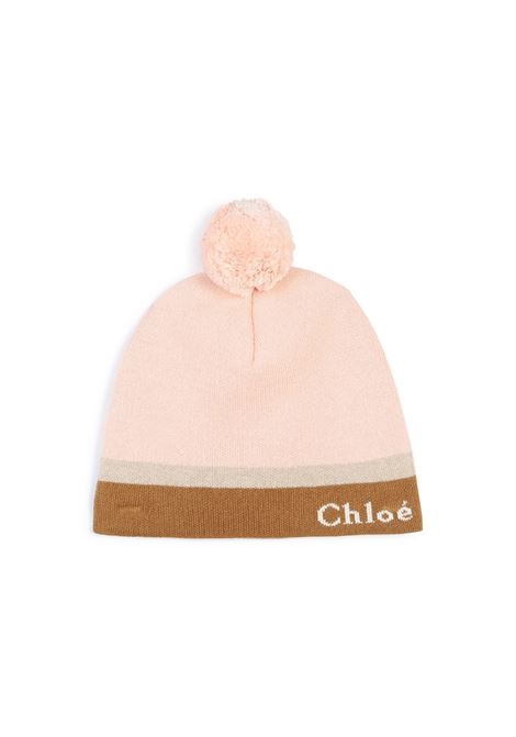 CHLOÉ KIDS Berretto In Maglia Washed Pink Con Logo e Pompon - CHLOÉ KIDS Fino al 60% di sconto