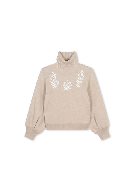 CHLOÉ KIDS Maglia a Collo Alto Beige Marl Con Ricami - CHLOÉ KIDS Black Friday Prezzi