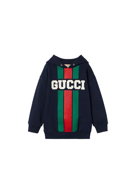 GUCCI KIDS Felpa Oversize Blu Scuro Con Stampa Gucci Web - GUCCI KIDS Acquista Ora