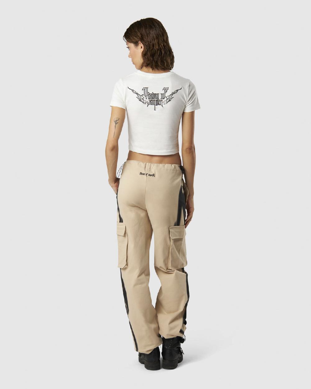 Vision Of Super WHITE CROP T-SHIRT WITH EMBROIDERED TRIBAL LOGO ON FRONT AND EMBROIDERED TRIBAL GRAPHIC ON BACK Promozione Limitata