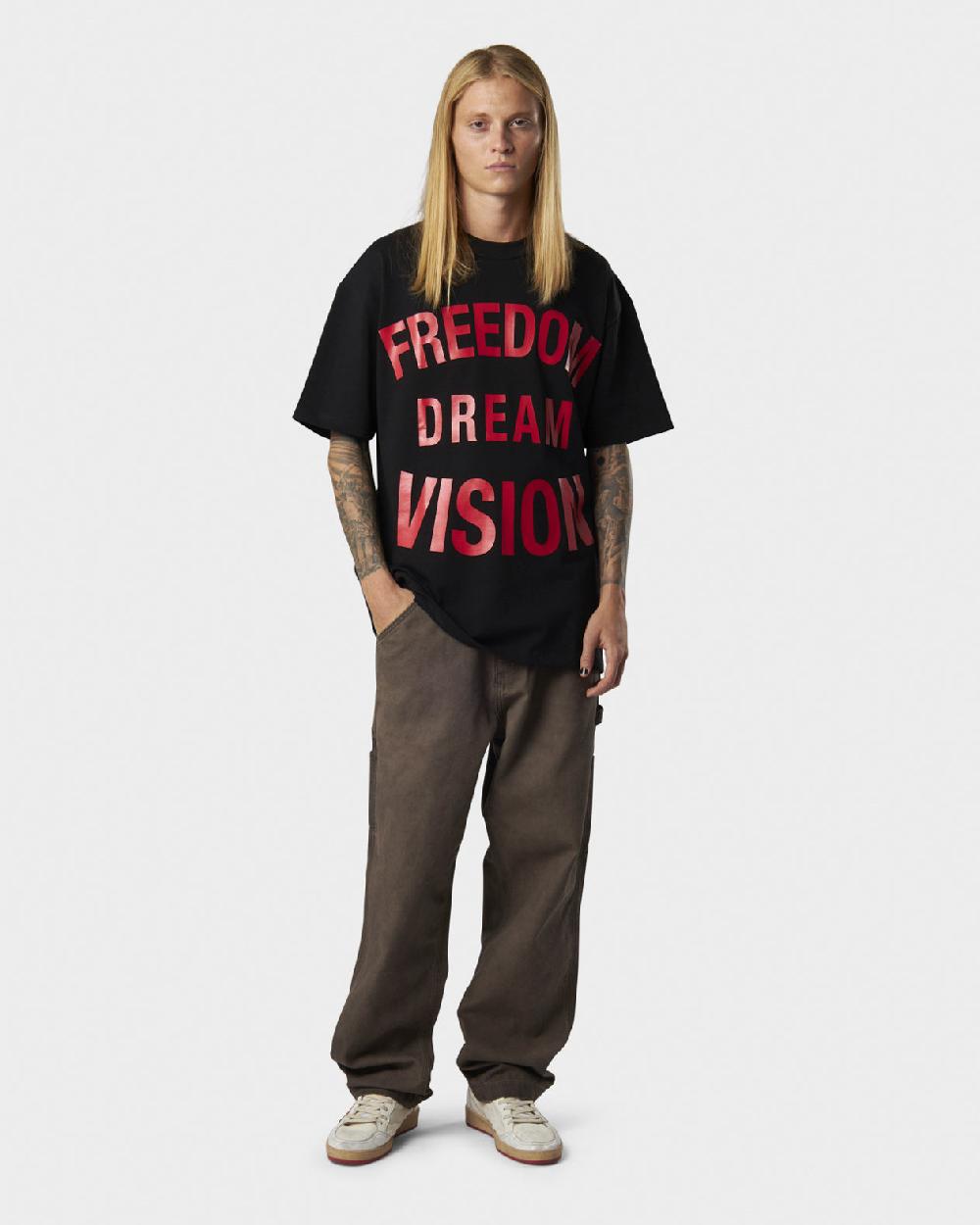 Vision Of Super BLACK T-SHIRT WITH FREEDOM PRINT ON FRONT AND METAL LABEL Prezzo Ridotto