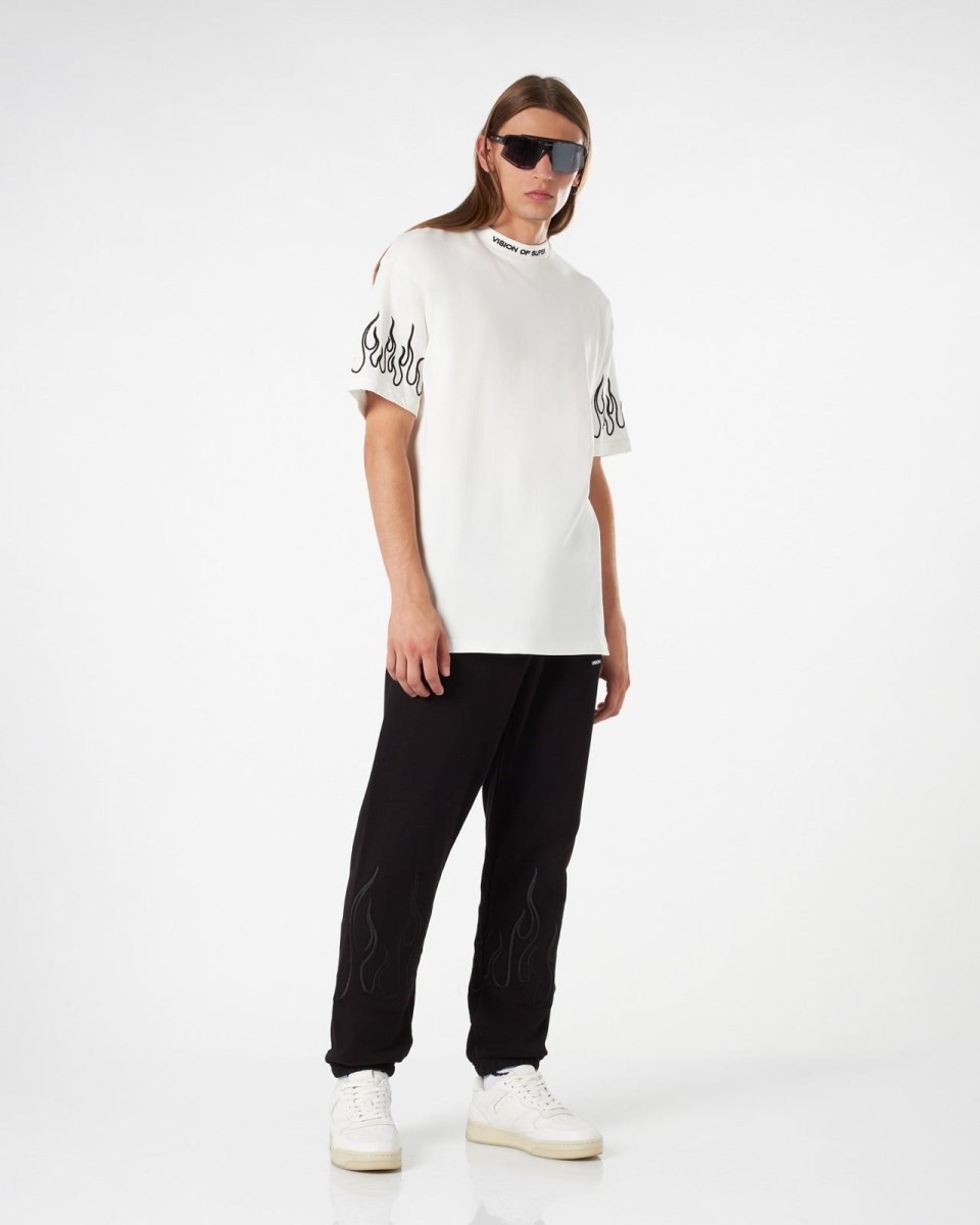 Vision Of Super WHITE T-SHIRT WITH BLACK EMBROIDERED FLAMES Saldi