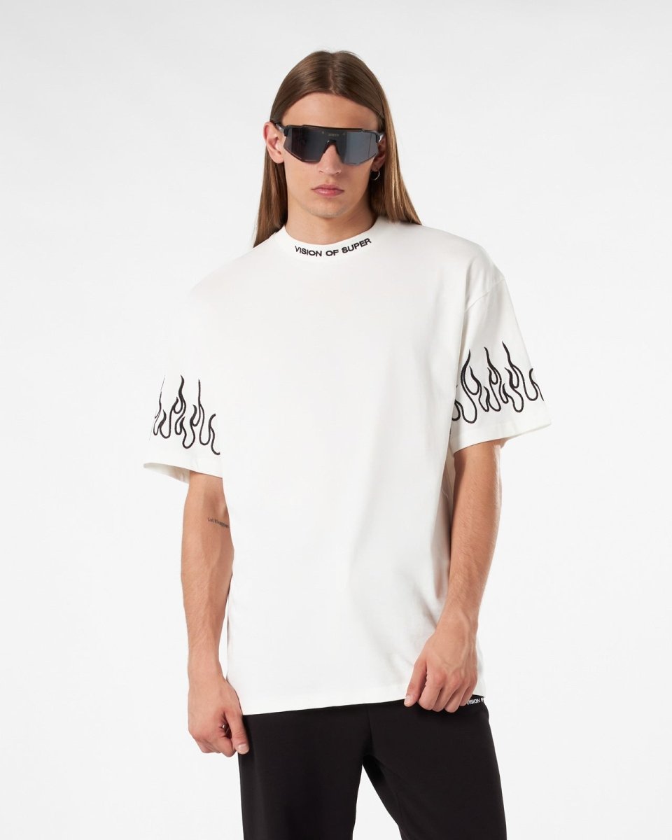 Vision Of Super WHITE T-SHIRT WITH BLACK EMBROIDERED FLAMES Saldi