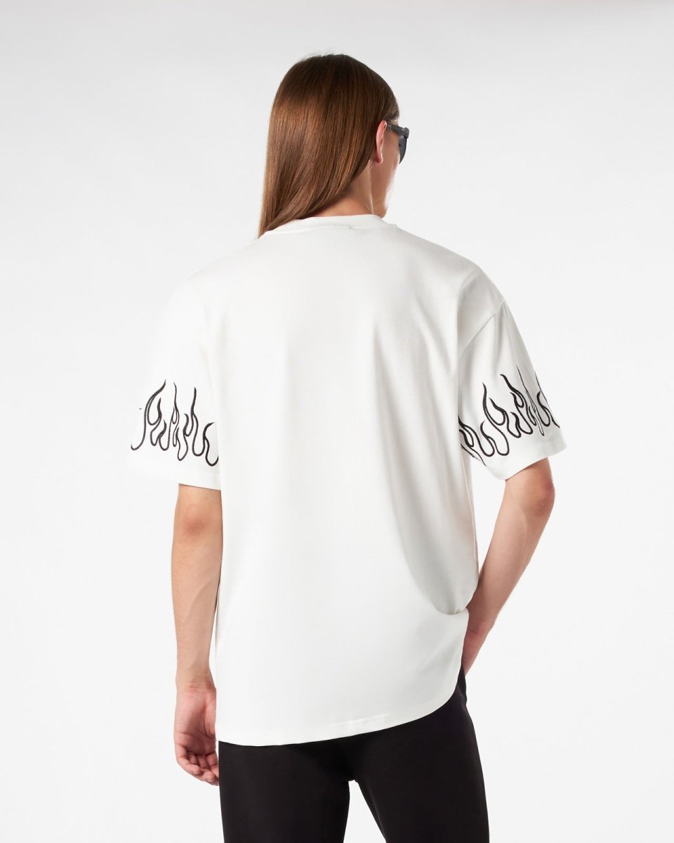 Vision Of Super WHITE T-SHIRT WITH BLACK EMBROIDERED FLAMES Saldi