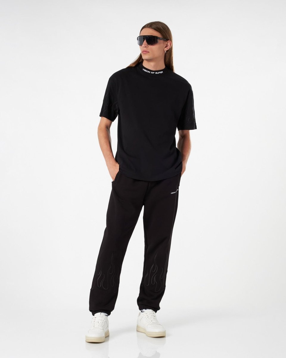 Vision Of Super BLACK T-SHIRT WITH BLACK EMBROIDERED FLAMES Offerte