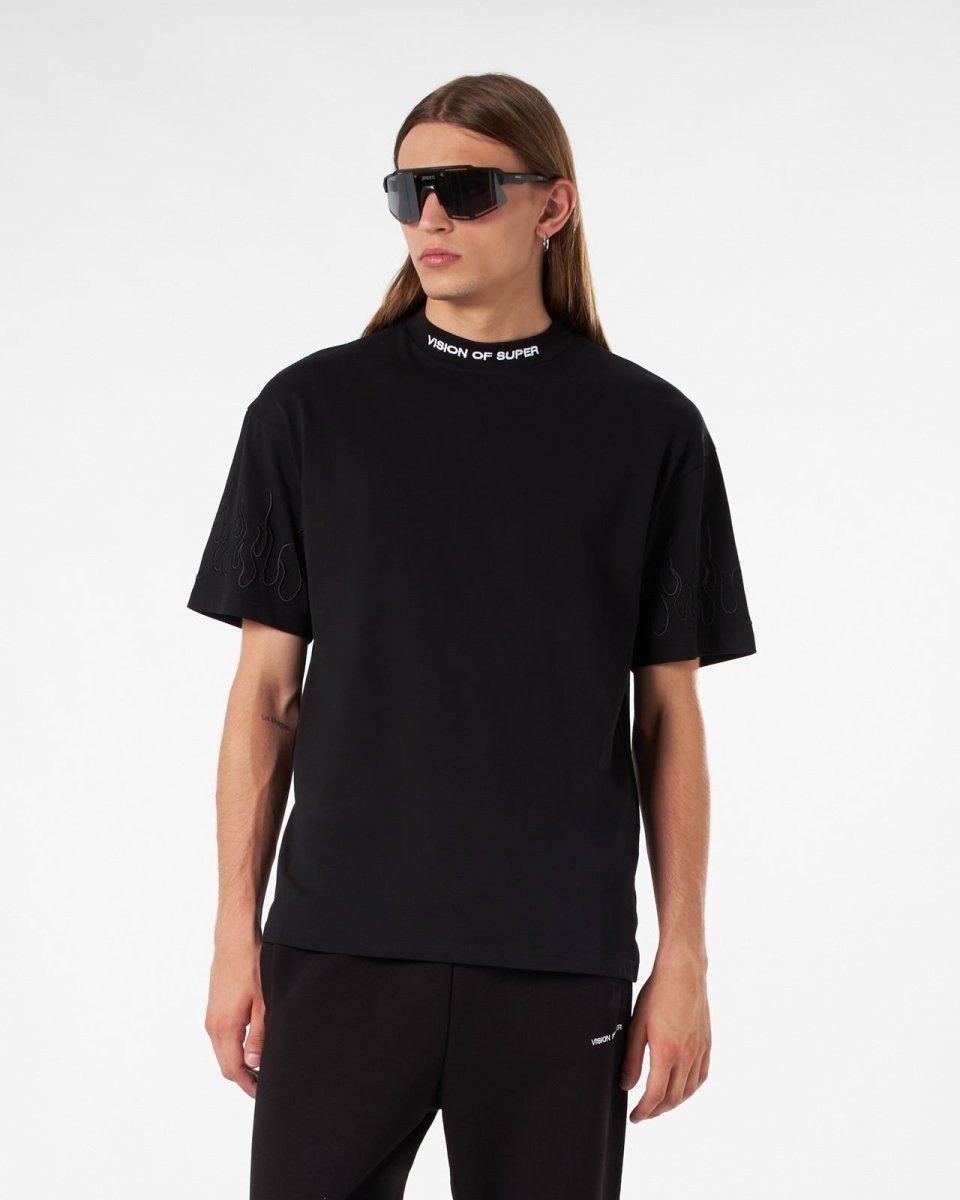 Vision Of Super BLACK T-SHIRT WITH BLACK EMBROIDERED FLAMES Offerte