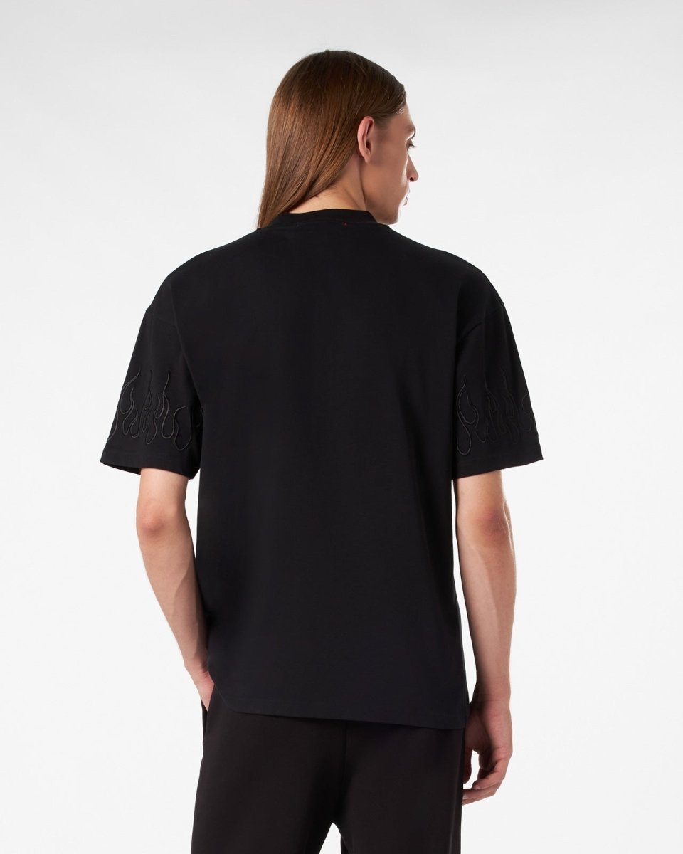 Vision Of Super BLACK T-SHIRT WITH BLACK EMBROIDERED FLAMES Offerte