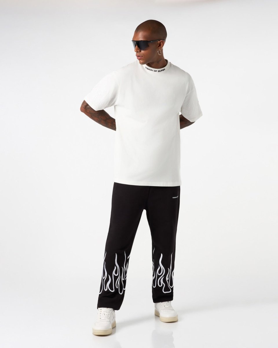 Vision Of Super WHITE T-SHIRT WITH WHITE EMBROIDERED FLAMES Hotsell