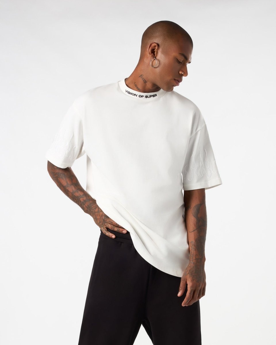 Vision Of Super WHITE T-SHIRT WITH WHITE EMBROIDERED FLAMES Hotsell