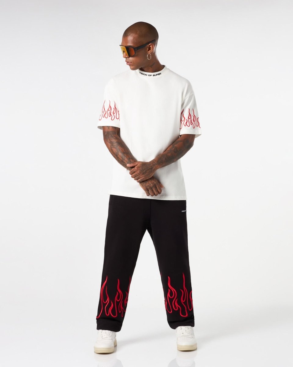 Vision Of Super WHITE T-SHIRT WITH RED EMBROIDERED FLAMES Vendita Calda
