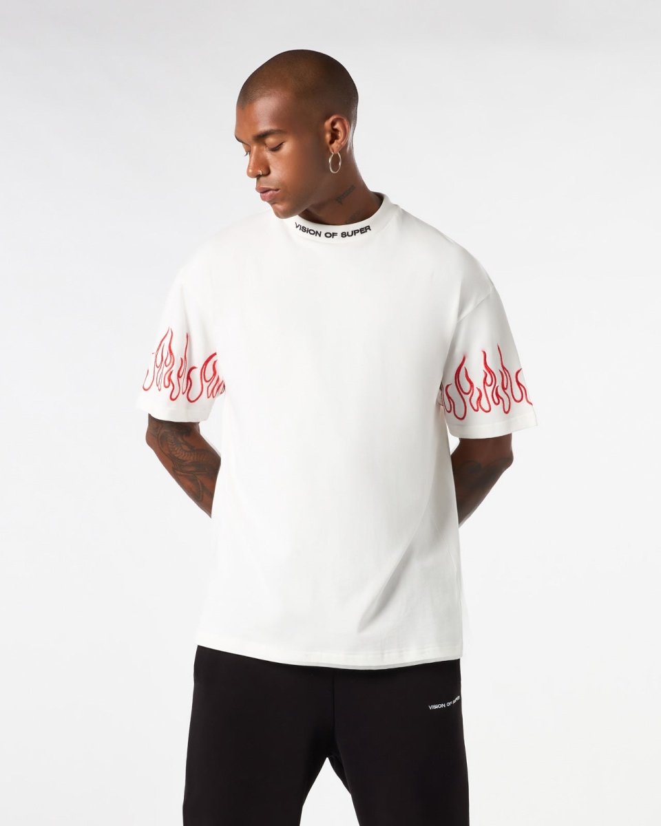 Vision Of Super WHITE T-SHIRT WITH RED EMBROIDERED FLAMES Vendita Calda