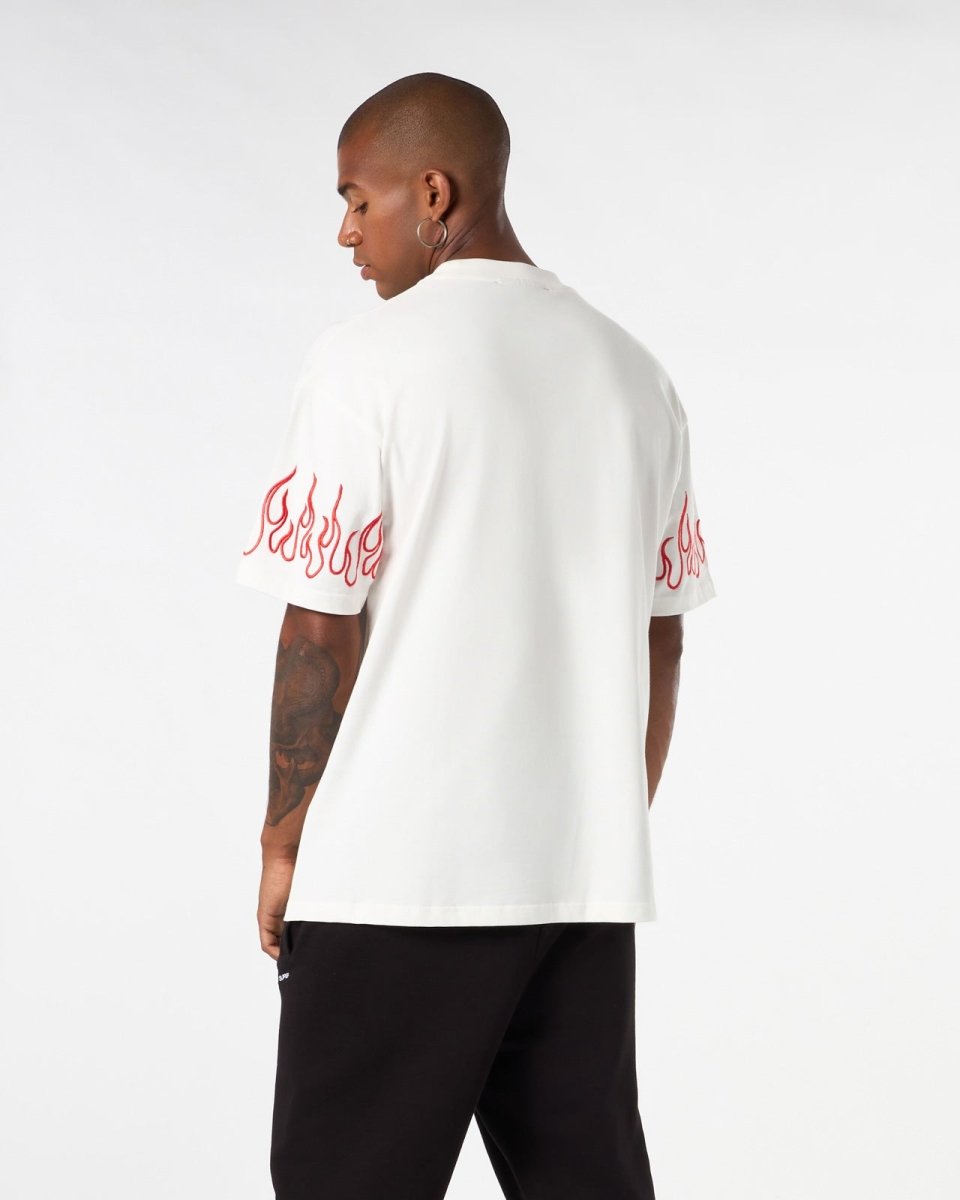Vision Of Super WHITE T-SHIRT WITH RED EMBROIDERED FLAMES Vendita Calda