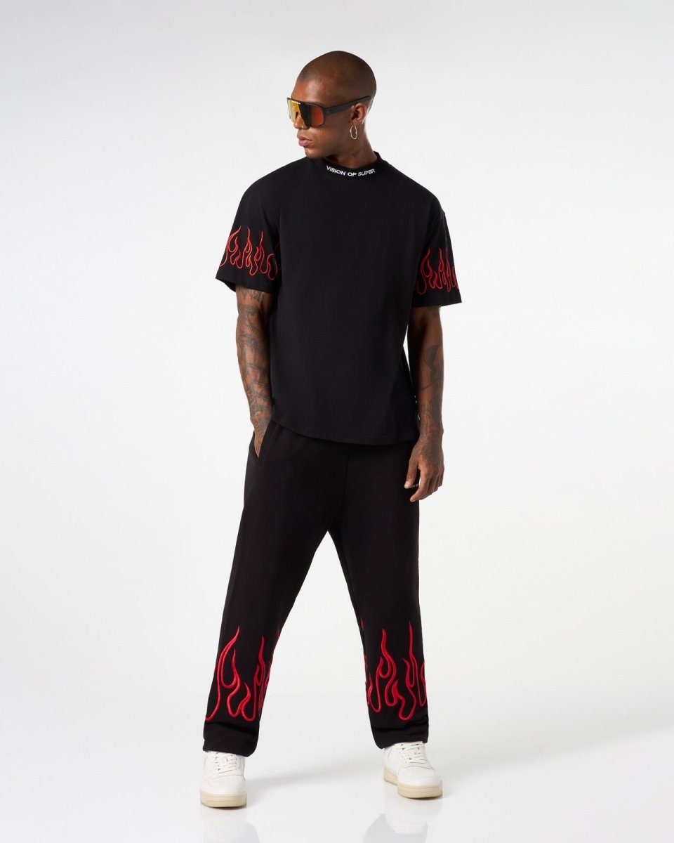 Vision Of Super BLACK T-SHIRT WITH RED EMBROIDERED FLAMES Vendita Economica