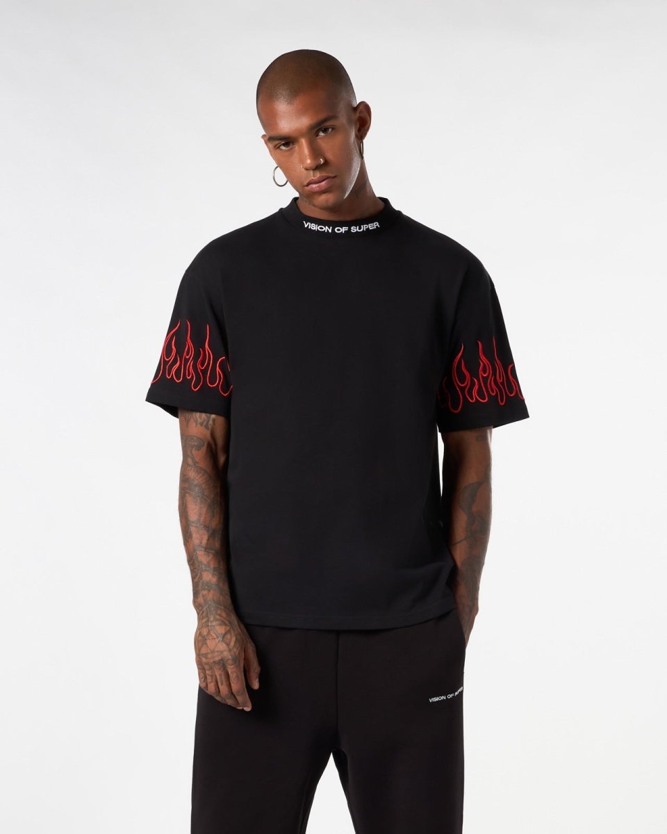 Vision Of Super BLACK T-SHIRT WITH RED EMBROIDERED FLAMES Vendita Economica