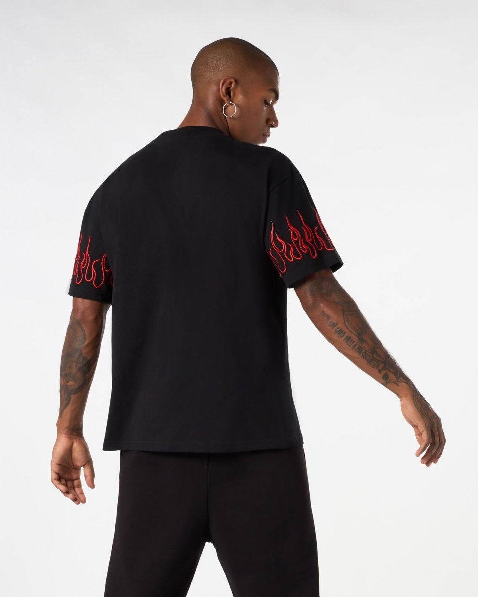 Vision Of Super BLACK T-SHIRT WITH RED EMBROIDERED FLAMES Vendita Economica