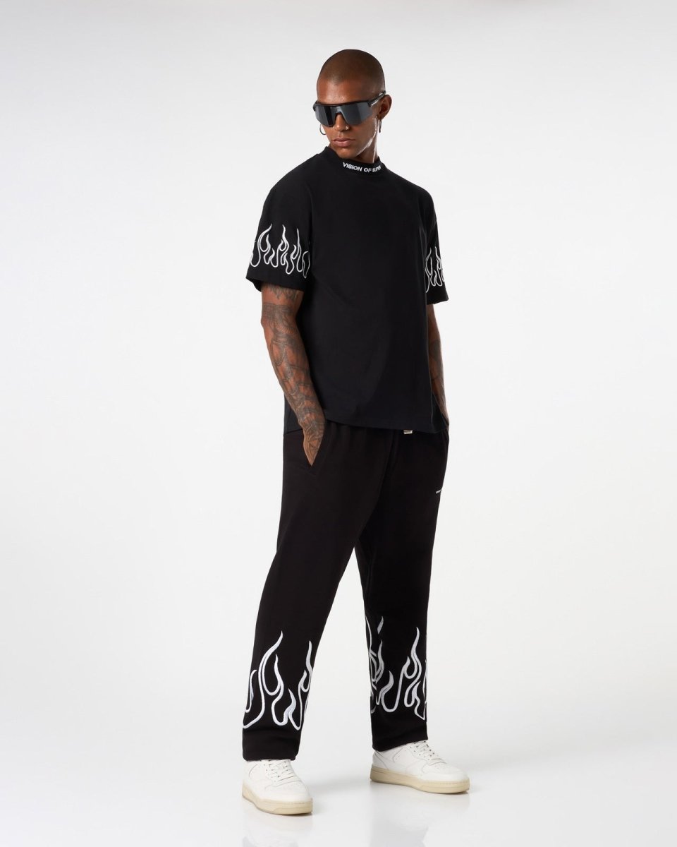 Vision Of Super BLACK T-SHIRT WITH WHITE EMBROIDERED FLAMES Saldi Di Fabbrica