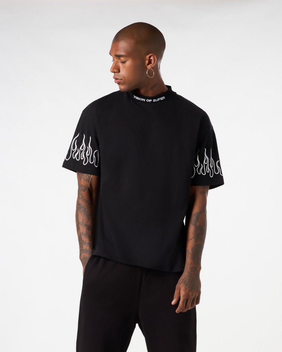 Vision Of Super BLACK T-SHIRT WITH WHITE EMBROIDERED FLAMES Saldi Di Fabbrica