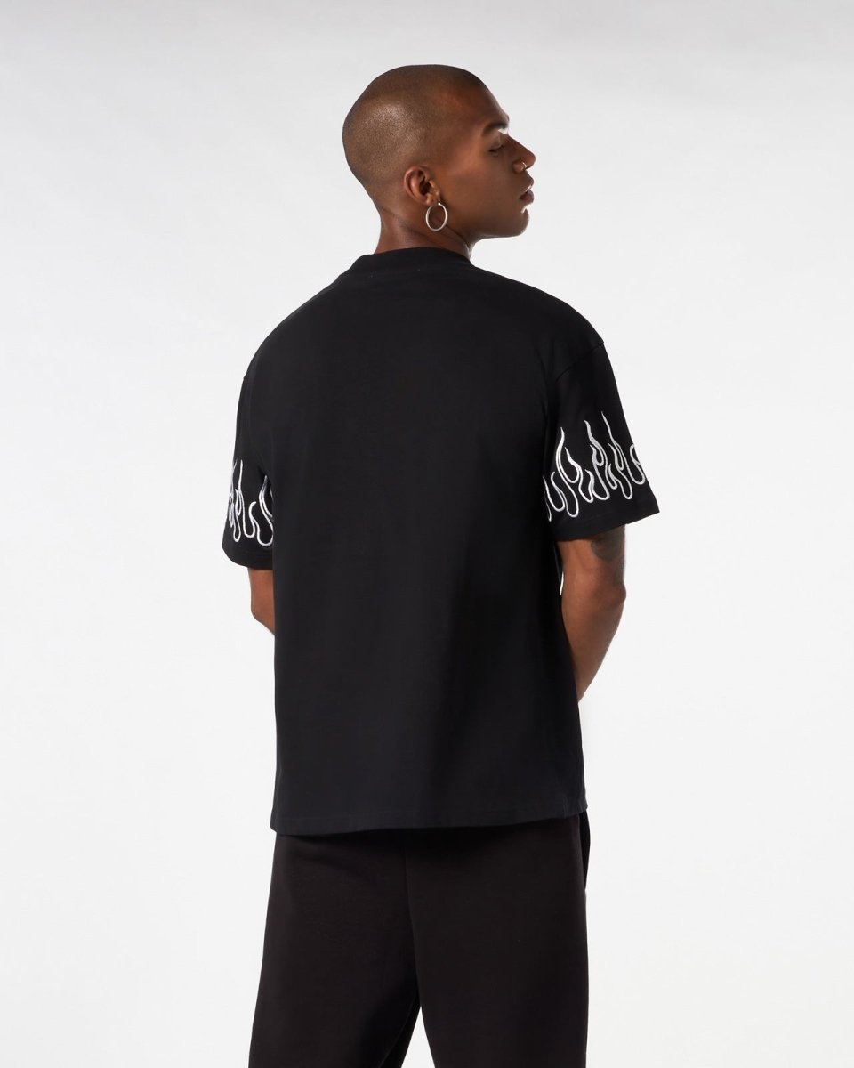 Vision Of Super BLACK T-SHIRT WITH WHITE EMBROIDERED FLAMES Saldi Di Fabbrica