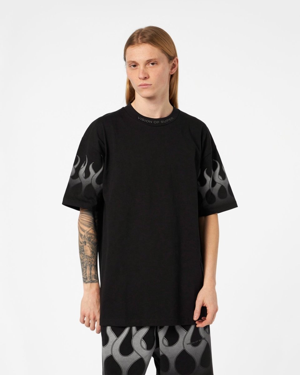 Vision Of Super BLACK T-SHIRT WITH GREY FLAMES Vendite Flash