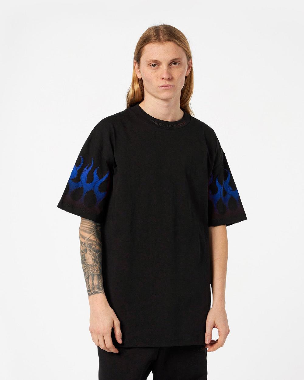 Vision Of Super BLACK T-SHIRT WITH BLUE FLAMES Negozio