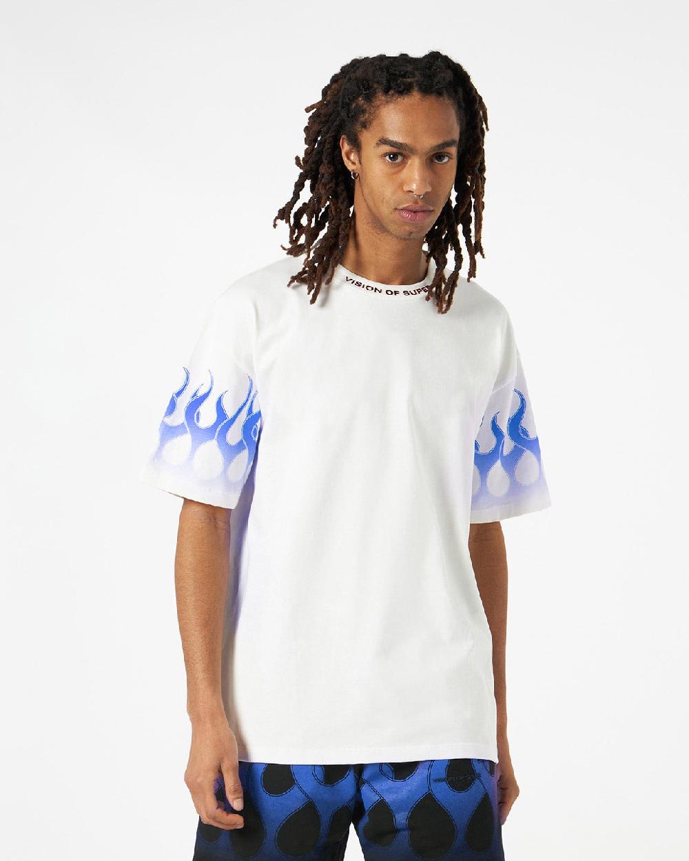 Vision Of Super WHITE T-SHIRT WITH BLUE FLAMES In Saldo
