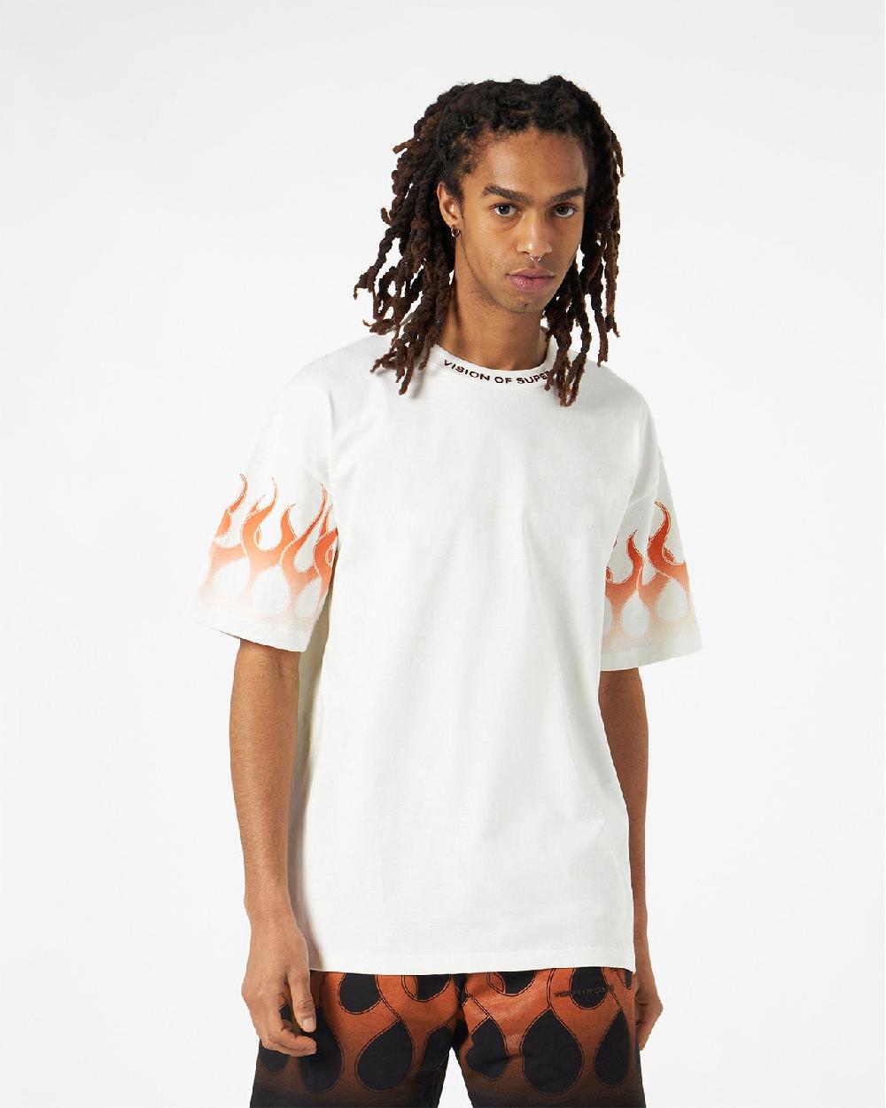 Vision Of Super WHITE T-SHIRT WITH ORANGE FLAMES Nuova