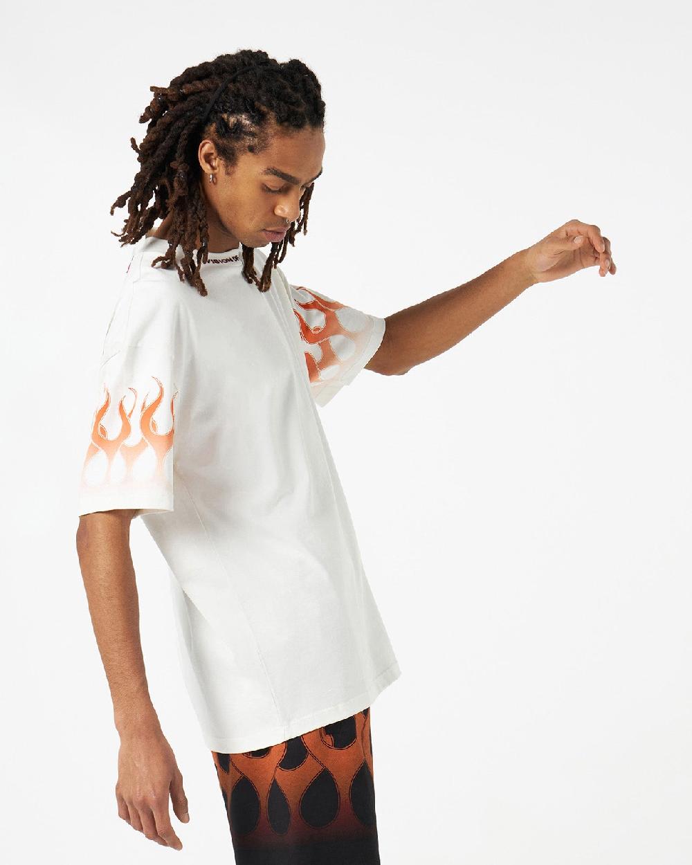 Vision Of Super WHITE T-SHIRT WITH ORANGE FLAMES Nuova