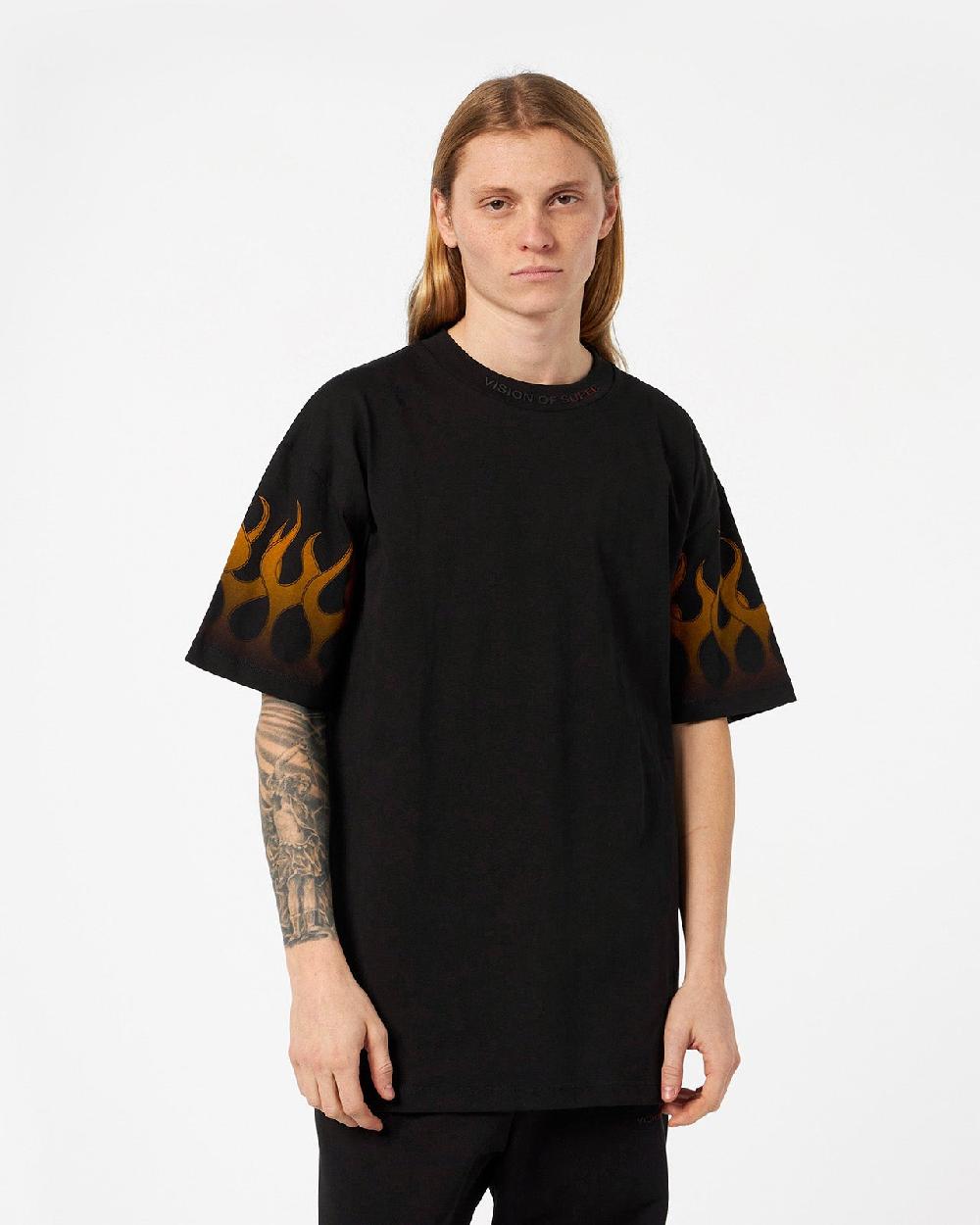 Vision Of Super BLACK T-SHIRT WITH ORANGE FLAMES Moda