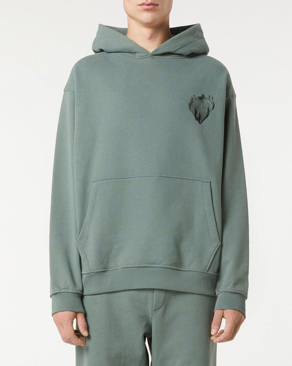 Vision Of Super BALSAM GREEN HOODIE WITH EMBROIDERED FLAMING HEART Qualità Garantita