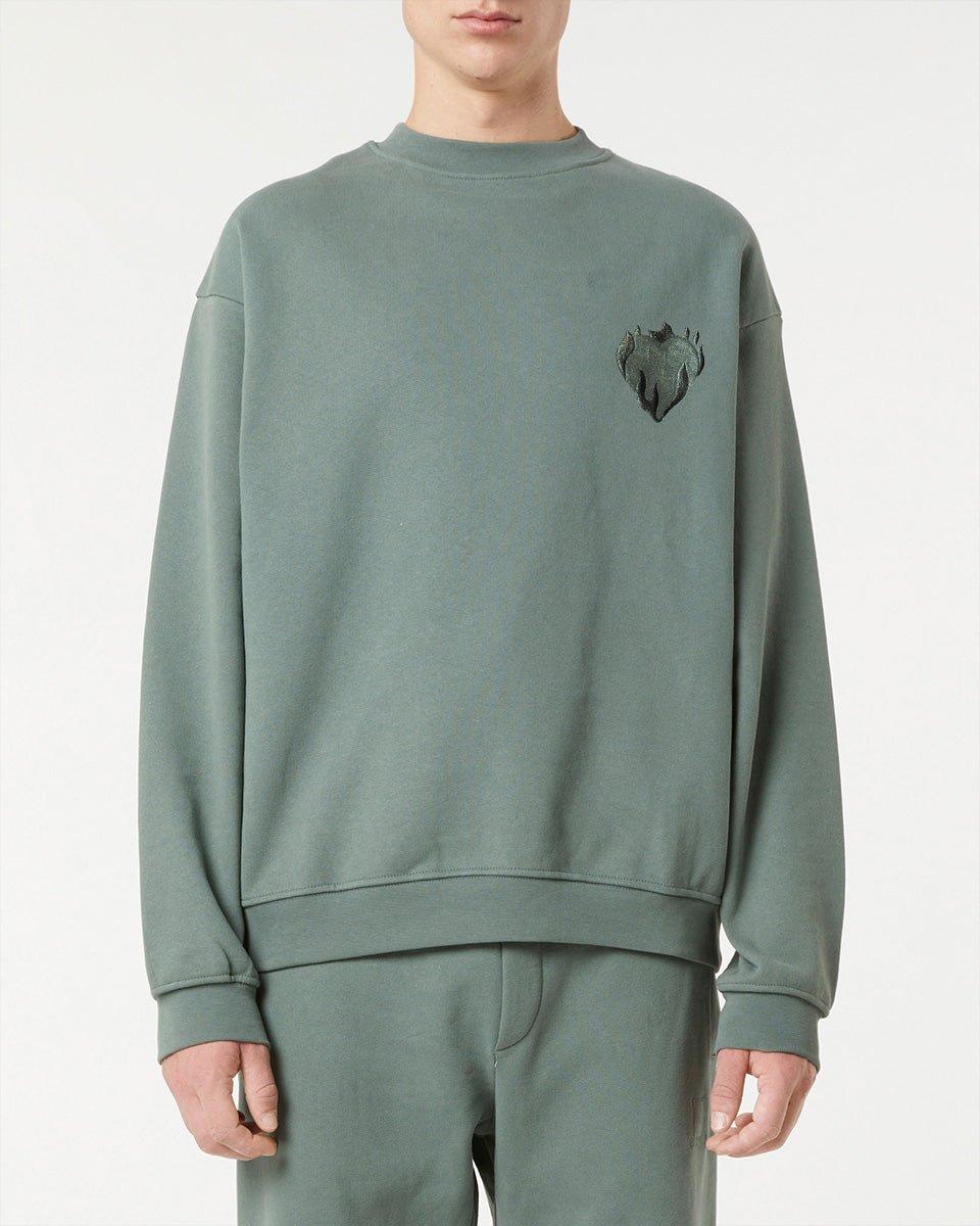 Vision Of Super BALSAM GREEN CREWNECK WITH EMBROIDERED FLAMING HEART Qualità