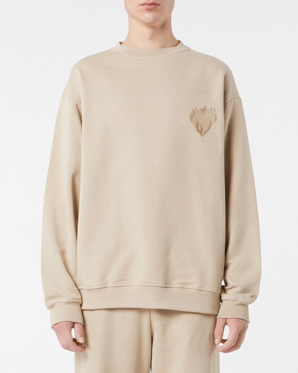 Vision Of Super LIGHT BROWN CREWNECK WITH EMBROIDERED FLAMING HEART Spedizione Gratuita