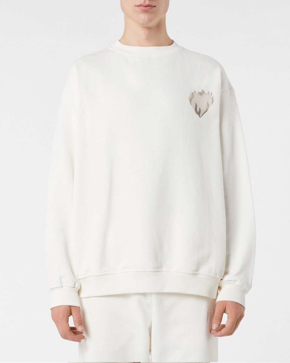 Vision Of Super OFF WHITE CREWNECK WITH EMBROIDERED FLAMING HEART Pezzi Unici