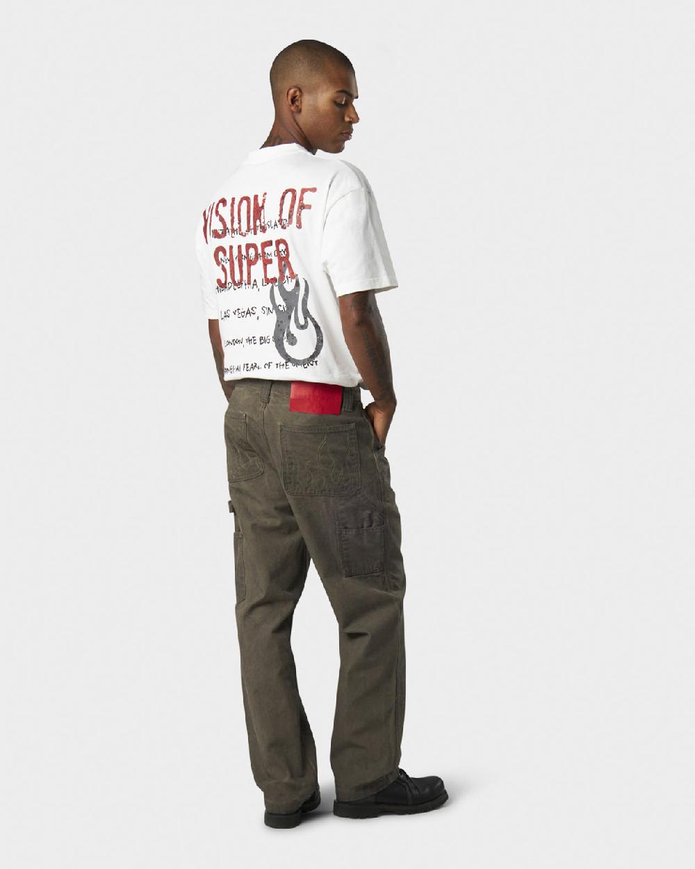 Vision Of Super MILITARY GREEN WASHED DENIM WITH EMBROIDERED FLAMES ON POCKET AND RED LABEL Convenienza